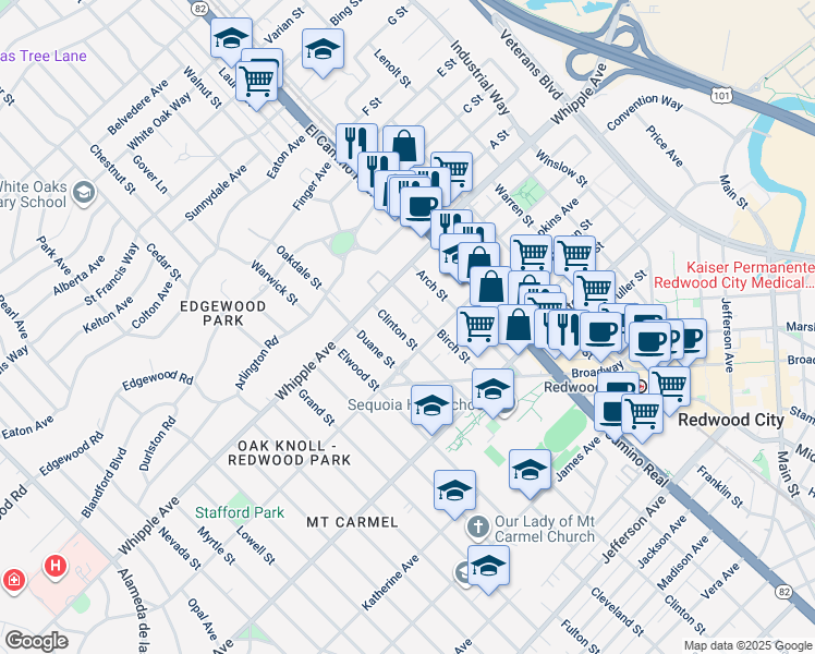 map of restaurants, bars, coffee shops, grocery stores, and more near 43 Clinton Street in Redwood City