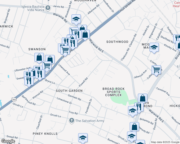 map of restaurants, bars, coffee shops, grocery stores, and more near 1854 Powell Road in Richmond