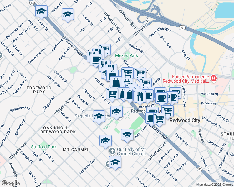 map of restaurants, bars, coffee shops, grocery stores, and more near 133 Arch Street in Redwood City