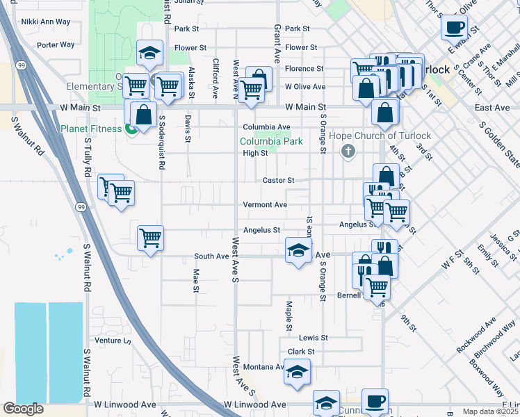 map of restaurants, bars, coffee shops, grocery stores, and more near 652 Vermont Avenue in Turlock