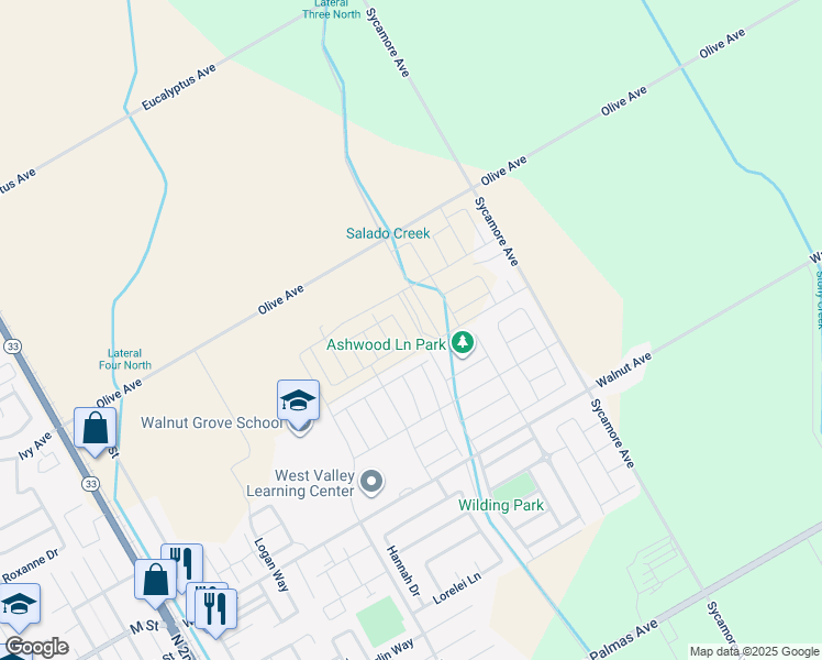 map of restaurants, bars, coffee shops, grocery stores, and more near 809 Ashwood Lane in Patterson