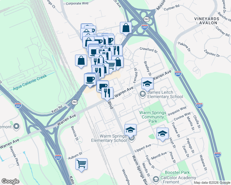 map of restaurants, bars, coffee shops, grocery stores, and more near 133 Shaniko Common in Fremont