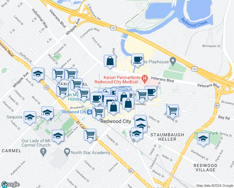 map of restaurants, bars, coffee shops, grocery stores, and more near 675 Jefferson Avenue in Redwood City