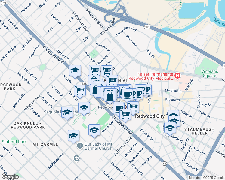 map of restaurants, bars, coffee shops, grocery stores, and more near 500 Arguello Street in Redwood City