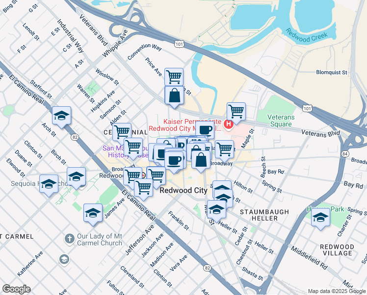 map of restaurants, bars, coffee shops, grocery stores, and more near 675 Jefferson Avenue in Redwood City