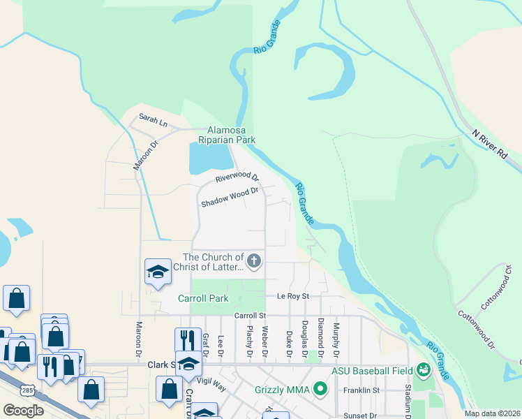 map of restaurants, bars, coffee shops, grocery stores, and more near 219 Riverwood Drive in Alamosa