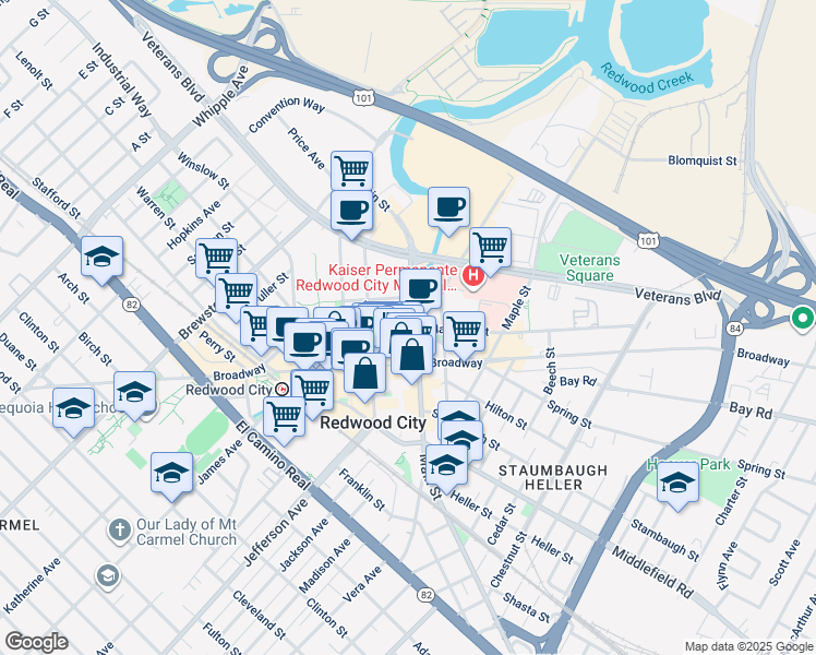 map of restaurants, bars, coffee shops, grocery stores, and more near 755 Marshall Street in Redwood City