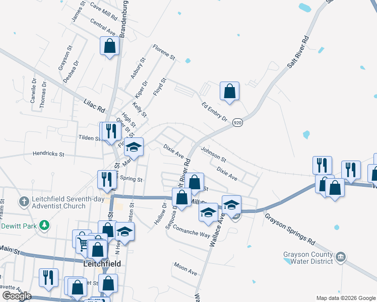map of restaurants, bars, coffee shops, grocery stores, and more near 606 Salt River Road in Leitchfield