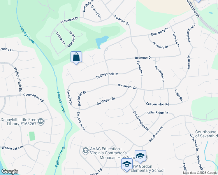 map of restaurants, bars, coffee shops, grocery stores, and more near 11801 Bondurant Drive in Richmond