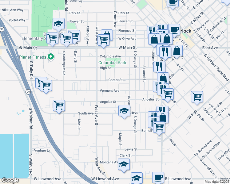 map of restaurants, bars, coffee shops, grocery stores, and more near 561 Vermont Avenue in Turlock
