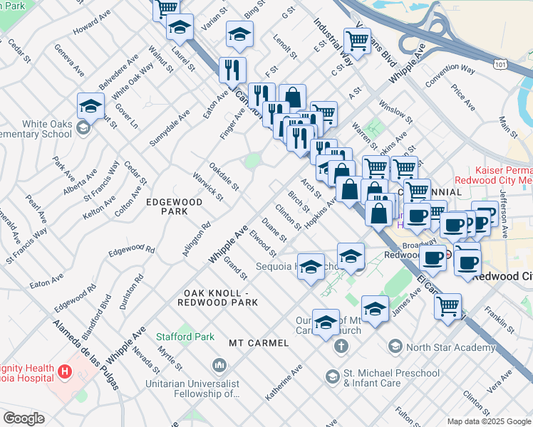 map of restaurants, bars, coffee shops, grocery stores, and more near 1305 Whipple Avenue in Redwood City