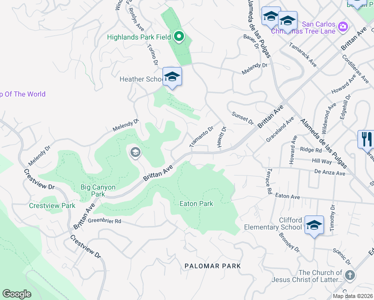 map of restaurants, bars, coffee shops, grocery stores, and more near 2852 Tramanto Drive in San Carlos