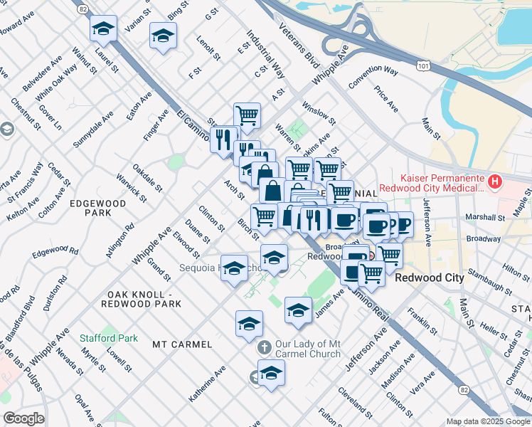 map of restaurants, bars, coffee shops, grocery stores, and more near 133 Arch Street in Redwood City