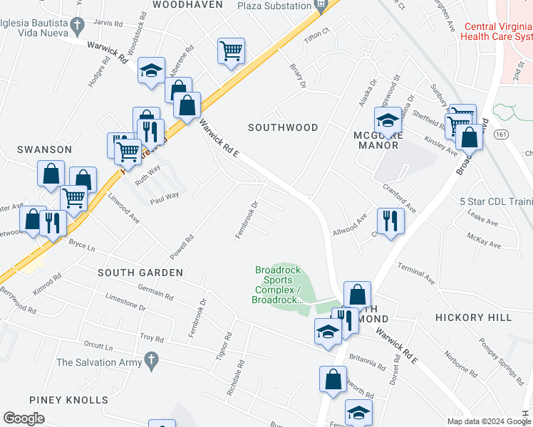 map of restaurants, bars, coffee shops, grocery stores, and more near 5010 Fernbrook Terrace in Richmond