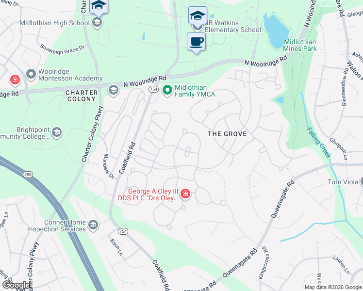 map of restaurants, bars, coffee shops, grocery stores, and more near 13718 Biggin Pond Lane in Midlothian