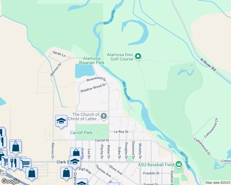 map of restaurants, bars, coffee shops, grocery stores, and more near 9 Sunnybrook Place in Alamosa