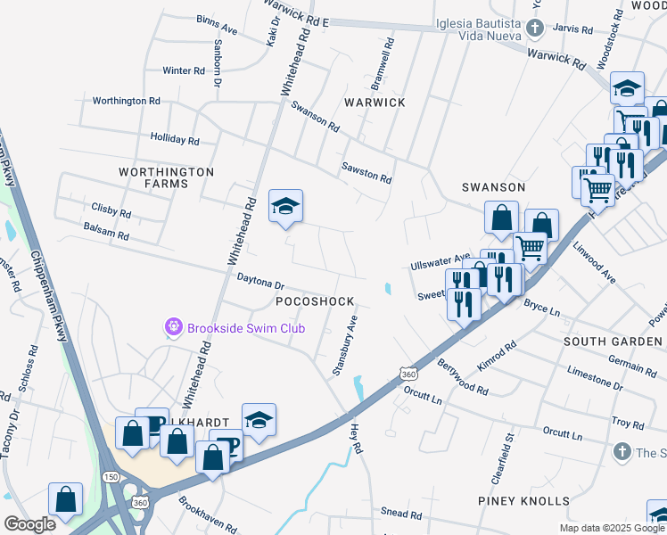 map of restaurants, bars, coffee shops, grocery stores, and more near 1437 Bramwell Road in Richmond