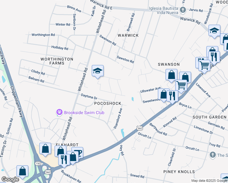 map of restaurants, bars, coffee shops, grocery stores, and more near 1437 Bramwell Road in Richmond