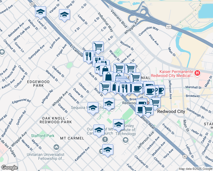 map of restaurants, bars, coffee shops, grocery stores, and more near 133 Arch Street in Redwood City
