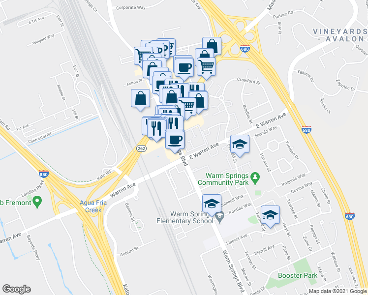 map of restaurants, bars, coffee shops, grocery stores, and more near 46928 Shale Common in Fremont