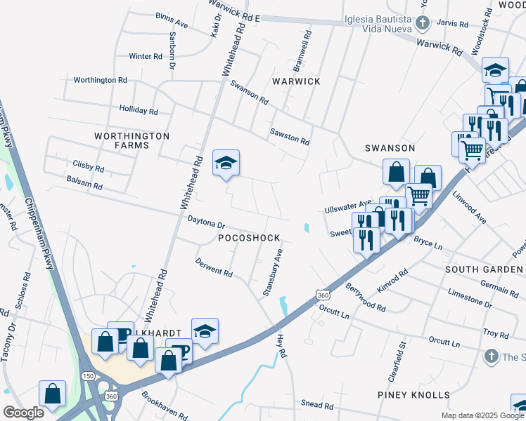 map of restaurants, bars, coffee shops, grocery stores, and more near 1437 Bramwell Road in Richmond