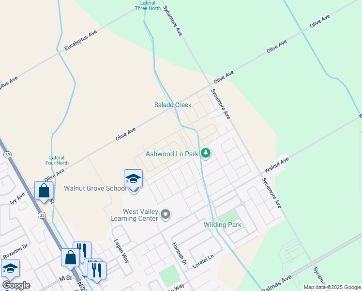 map of restaurants, bars, coffee shops, grocery stores, and more near 813 Ashwood Lane in Patterson
