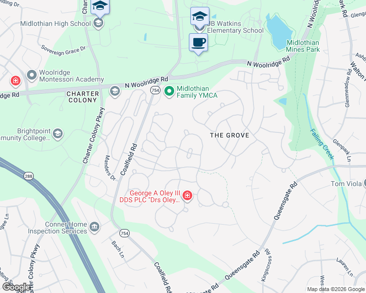 map of restaurants, bars, coffee shops, grocery stores, and more near 13718 Biggin Pond Lane in Midlothian