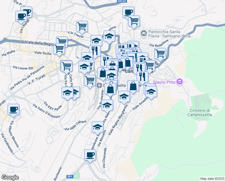 map of restaurants, bars, coffee shops, grocery stores, and more near 44 Via Napoleone Colajanni in Caltanissetta