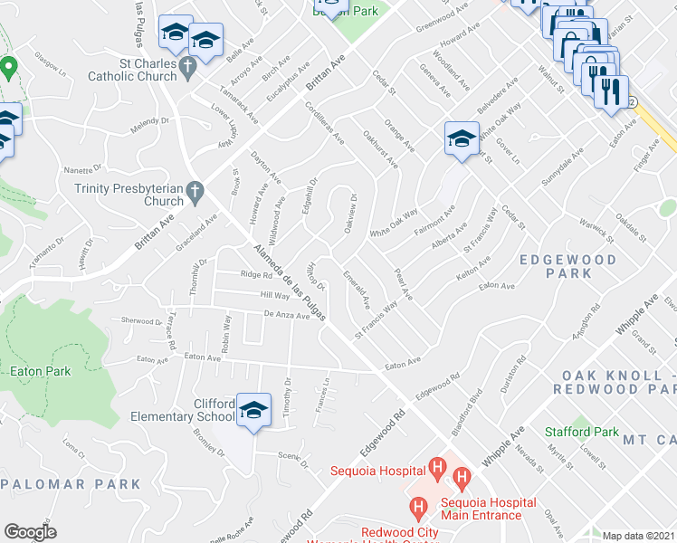 map of restaurants, bars, coffee shops, grocery stores, and more near 338 Emerald Avenue in San Carlos
