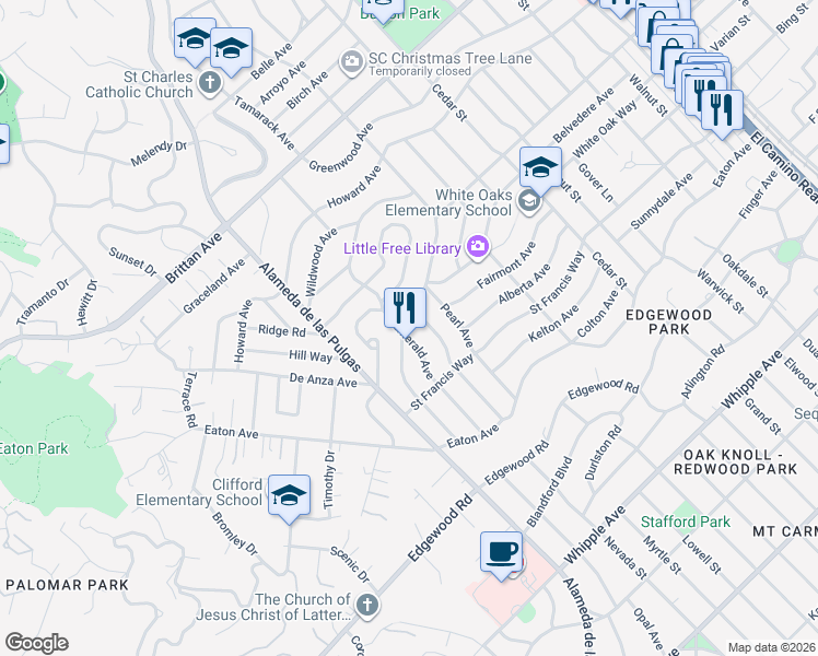 map of restaurants, bars, coffee shops, grocery stores, and more near 338 Emerald Avenue in San Carlos