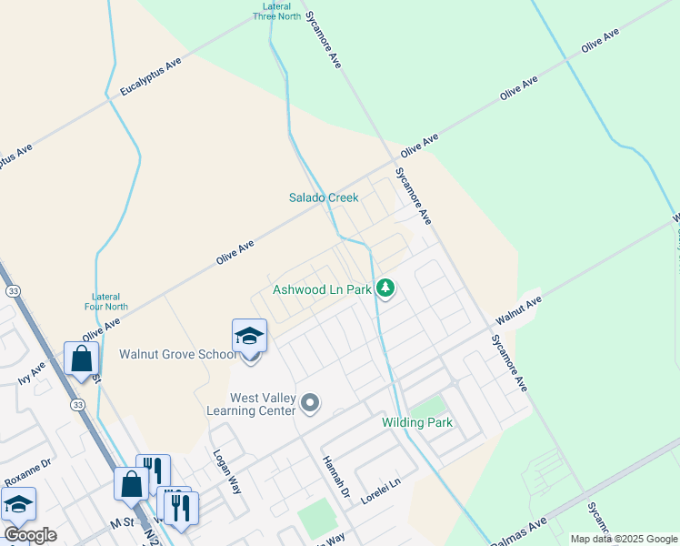 map of restaurants, bars, coffee shops, grocery stores, and more near 813 Ashwood Lane in Patterson