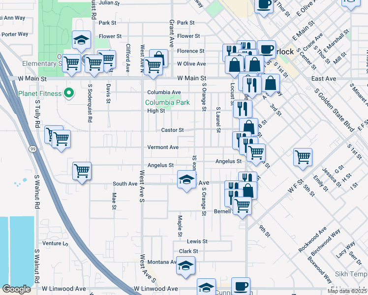 map of restaurants, bars, coffee shops, grocery stores, and more near 532 Vermont Avenue in Turlock