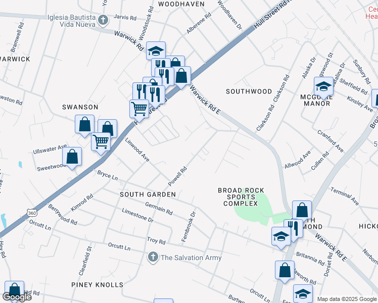 map of restaurants, bars, coffee shops, grocery stores, and more near 1854 Powell Road in Richmond
