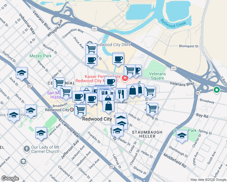 map of restaurants, bars, coffee shops, grocery stores, and more near 825 Marshall Street in Redwood City