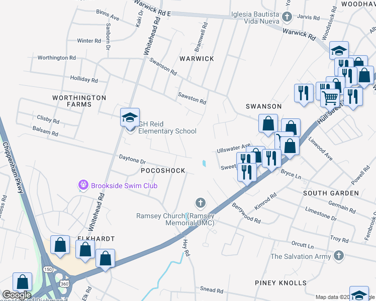 map of restaurants, bars, coffee shops, grocery stores, and more near 1435 Stansbury Avenue in Richmond