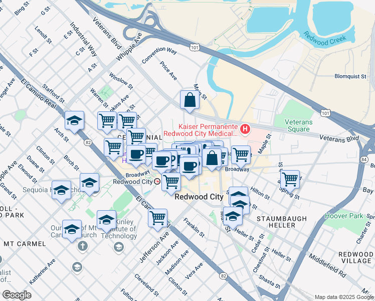map of restaurants, bars, coffee shops, grocery stores, and more near 627 Middlefield Road in Redwood City