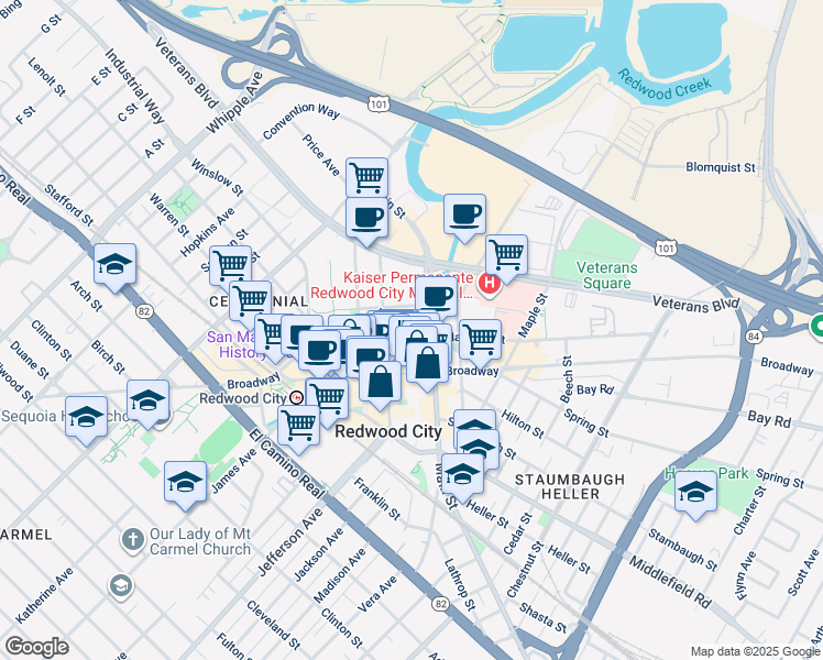 map of restaurants, bars, coffee shops, grocery stores, and more near 755 Marshall Street in Redwood City