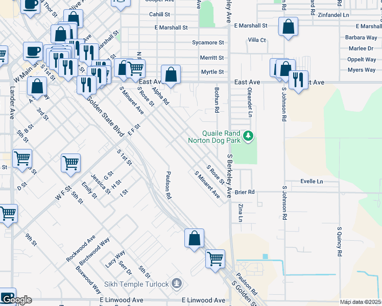 map of restaurants, bars, coffee shops, grocery stores, and more near 1020 South Rose Street in Turlock