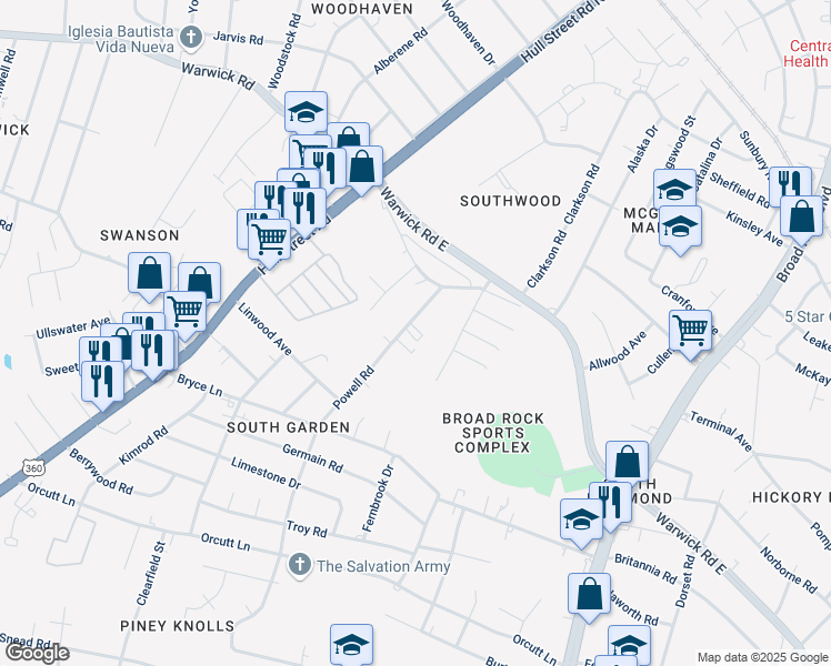 map of restaurants, bars, coffee shops, grocery stores, and more near 1835 Powell Road in Richmond
