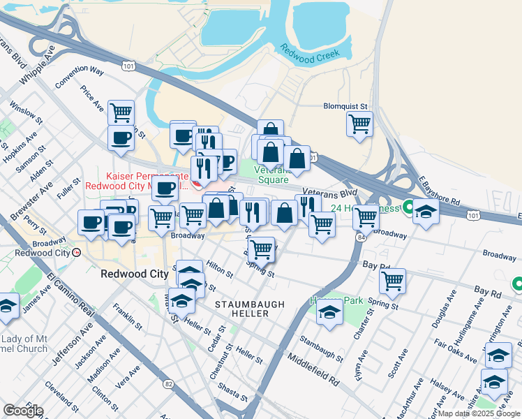 map of restaurants, bars, coffee shops, grocery stores, and more near 1321 Marshall Street in Redwood City