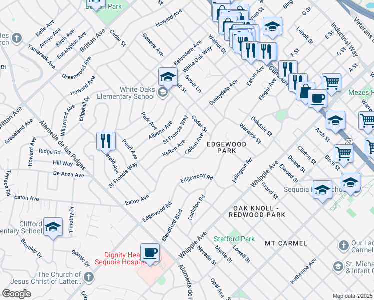 map of restaurants, bars, coffee shops, grocery stores, and more near 148 Colton Avenue in San Carlos