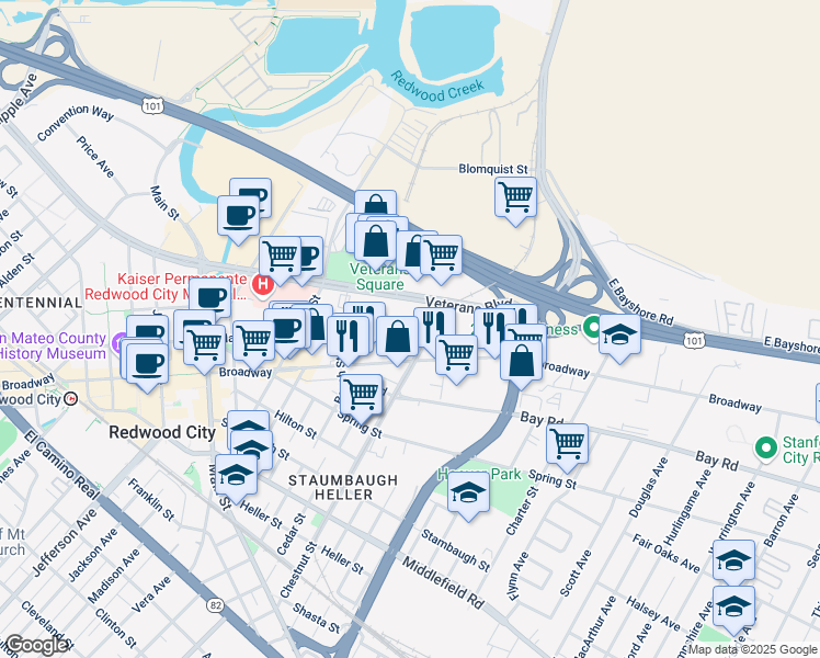 map of restaurants, bars, coffee shops, grocery stores, and more near 1575 Marshall Street in Redwood City