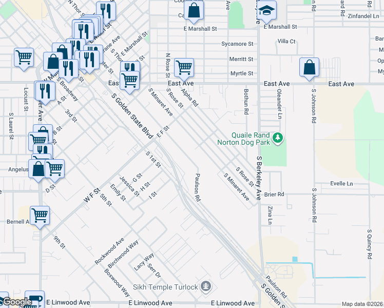 map of restaurants, bars, coffee shops, grocery stores, and more near 898 South Center Street in Turlock
