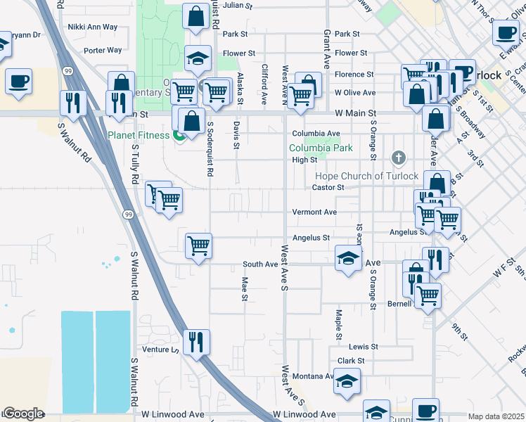 map of restaurants, bars, coffee shops, grocery stores, and more near 897 Vermont Avenue in Turlock