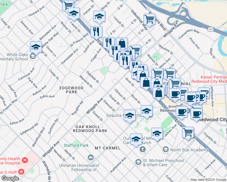 map of restaurants, bars, coffee shops, grocery stores, and more near 1305 Whipple Avenue in Redwood City
