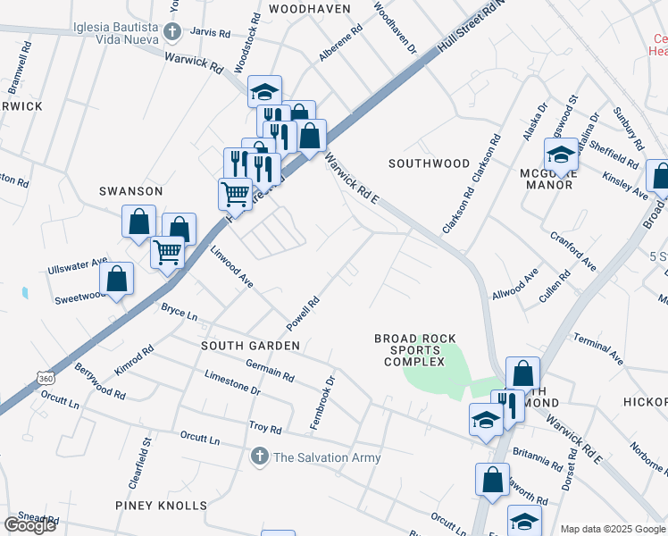 map of restaurants, bars, coffee shops, grocery stores, and more near 1835 Powell Road in Richmond