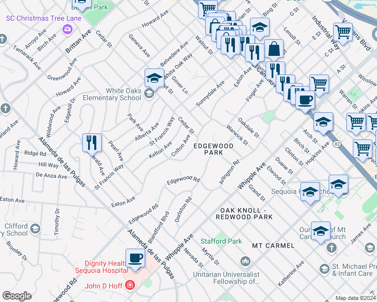 map of restaurants, bars, coffee shops, grocery stores, and more near 1934 Eaton Avenue in San Carlos