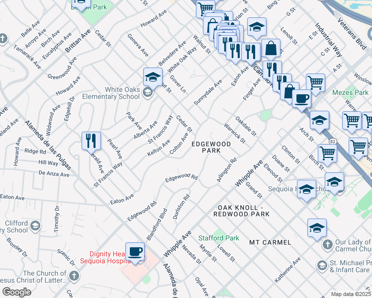 map of restaurants, bars, coffee shops, grocery stores, and more near 1934 Eaton Avenue in San Carlos