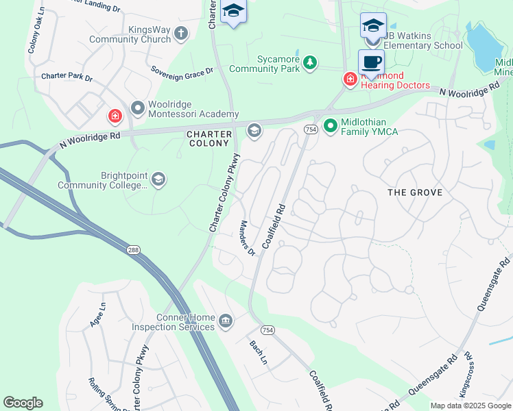 map of restaurants, bars, coffee shops, grocery stores, and more near 532 Abbey Village Circle in Midlothian