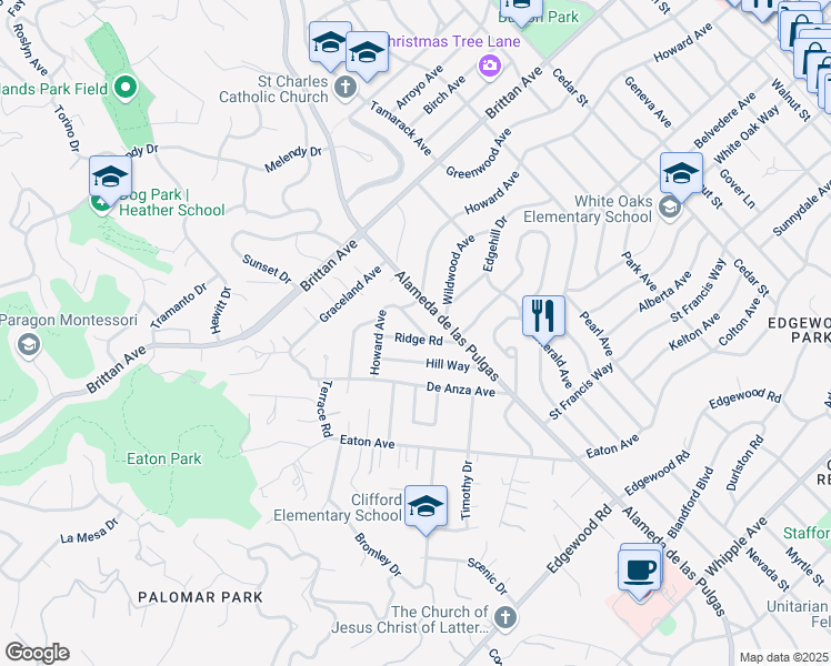 map of restaurants, bars, coffee shops, grocery stores, and more near 376 Ridge Road in San Carlos